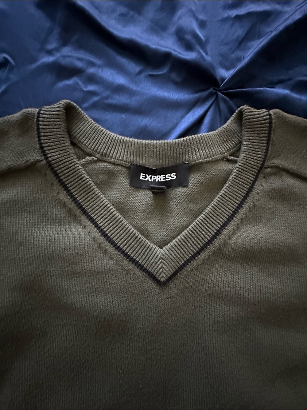 Express Men's Olive V-Neck Sweater with Contrast Trim